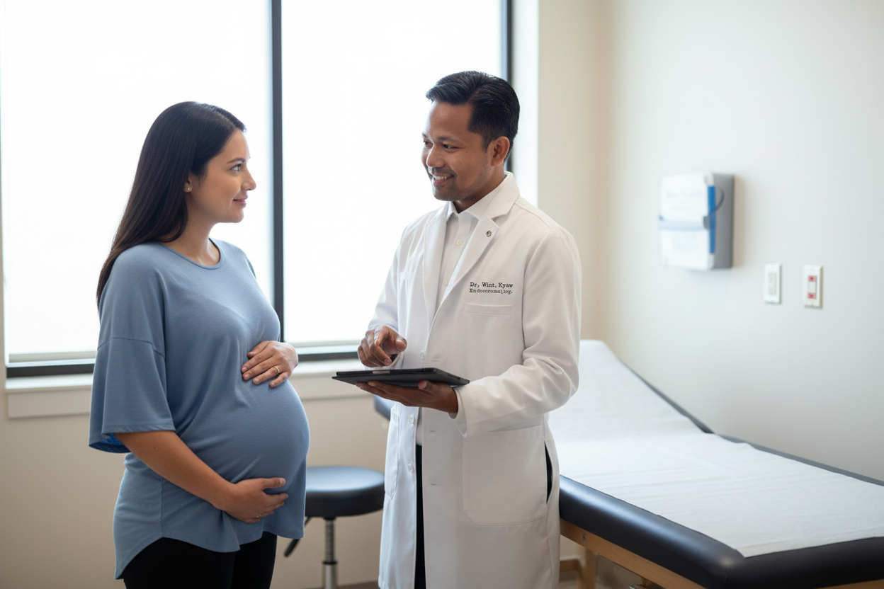 Dr. Ye Wint Kyaw, Orlando gestational diabetes specialist, consulting with a pregnant patient
